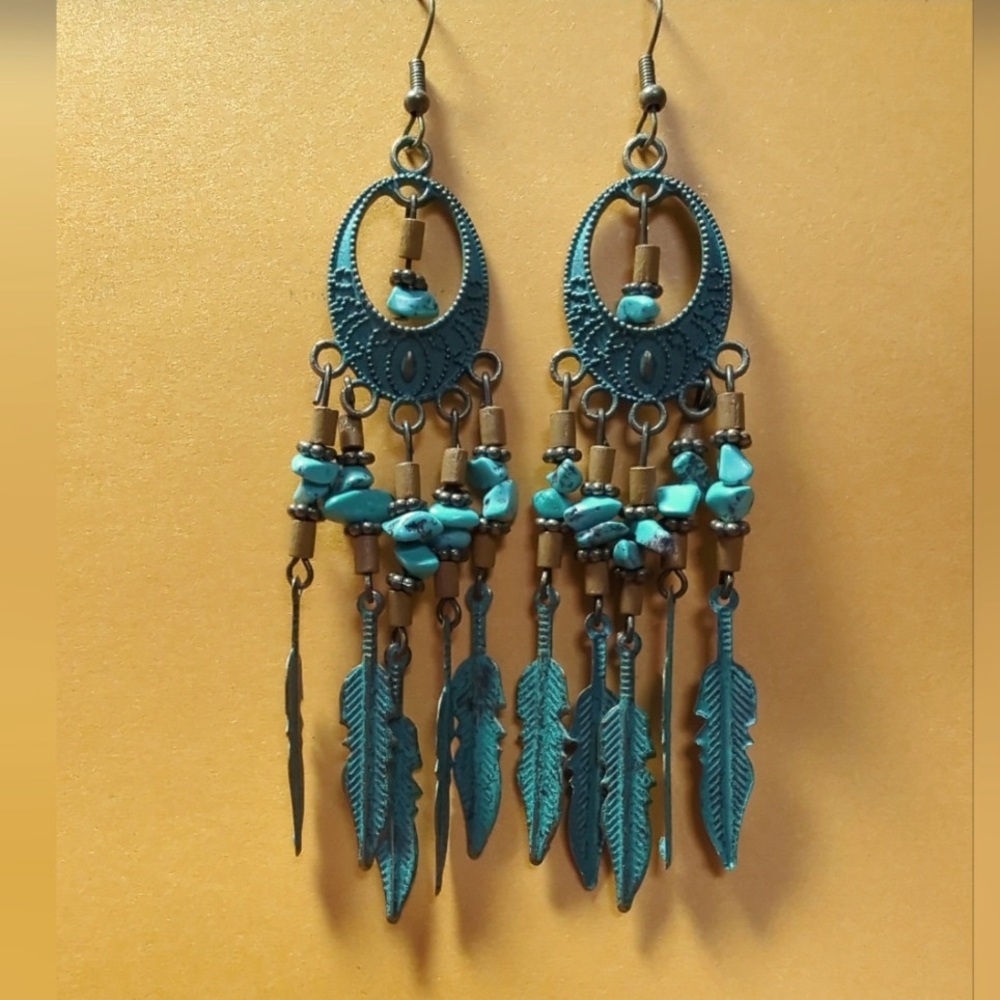 NEW Vintage Inspired Turquoise Dangle Tribal Boho Pounded Earrings Beads 4"